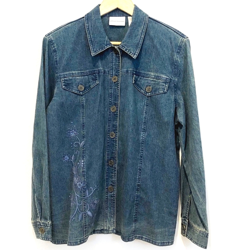 Alfred Dunner Denim Jean Jacket Floral Embroidery Rhinestones Size 12